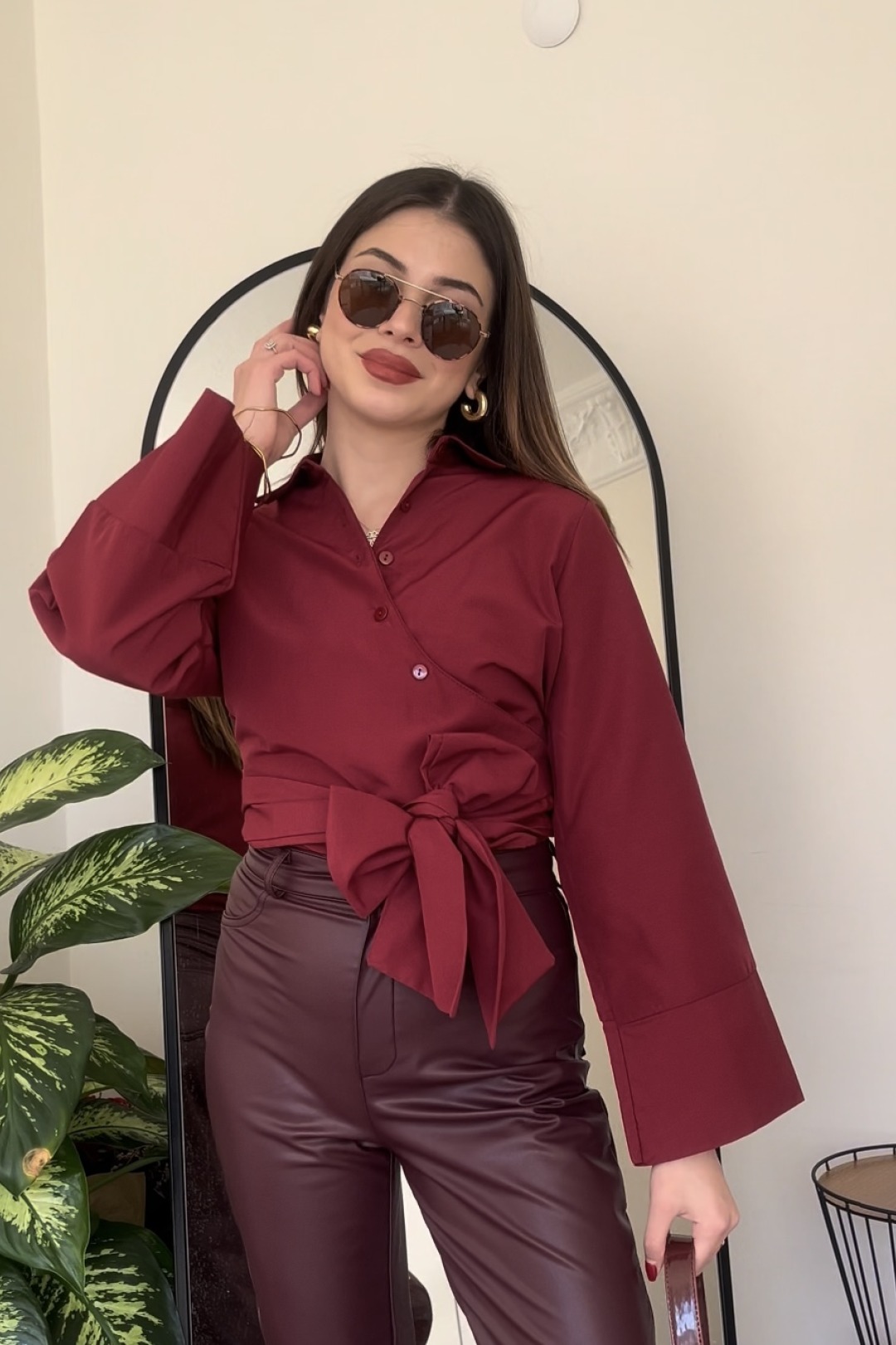 Bordo renk bağlama detay poplin kumaş gömlek