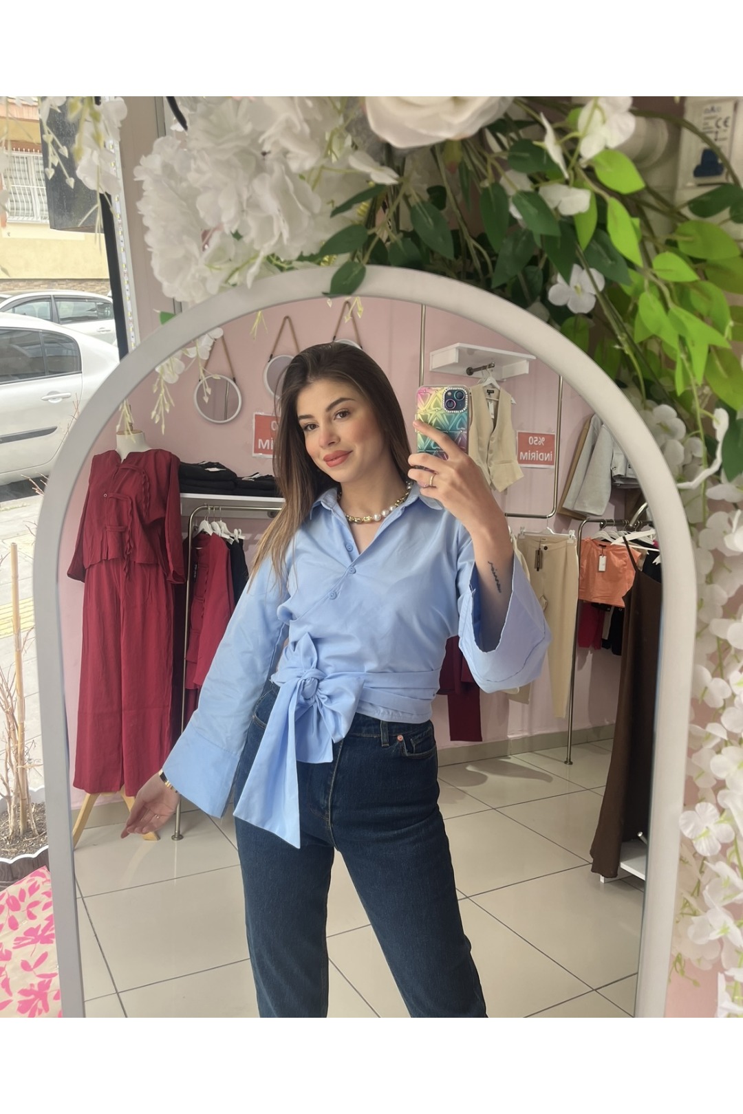 Mavi renk bağlama detay poplin kumaş gömlek