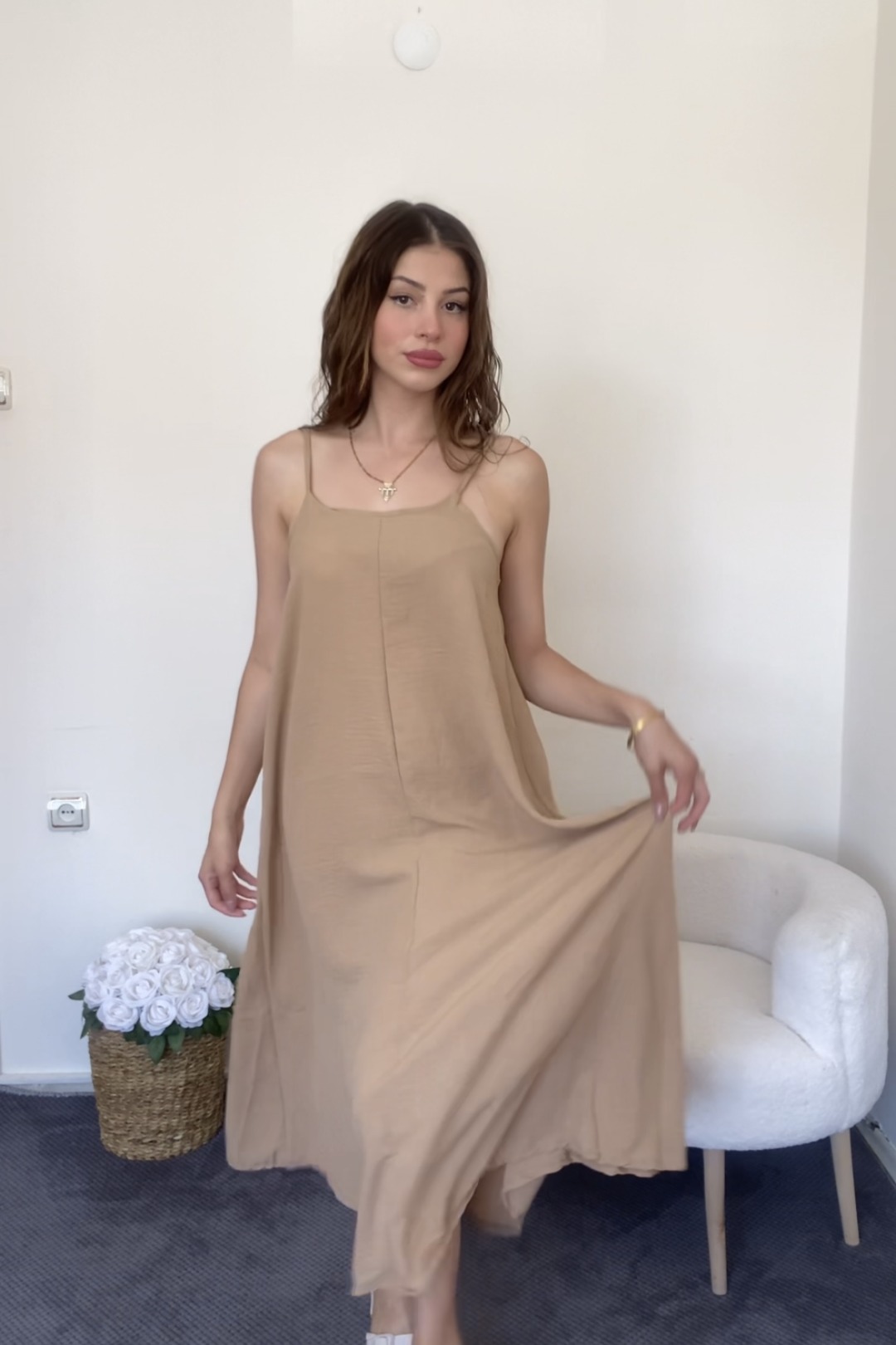 Bej rengi keten kumaş bohem elbise